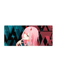 Mouse pad featuring Zero Two design, 28x12 inches, with glitchy cyberpunk aesthetics, neon highlights, and sharp geometric patterns for a futuristic look.
