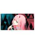 Mouse pad featuring Zero Two design, 32x16 inches, with glitchy cyberpunk aesthetics, neon highlights, and geometric patterns for a bold, tech-inspired look.