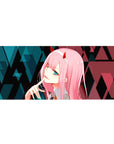 Mouse pad featuring Zero Two design, 36x16 inches, with glitchy cyberpunk style, neon highlights, and sharp geometric patterns for a tech-inspired vibe.