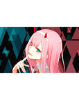 Mouse pad featuring Zero Two design, 40x20 inches, with glitchy cyberpunk aesthetic, neon highlights, and sharp geometric patterns for a futuristic anime look.