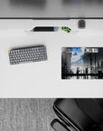 Moody steel-gray and stormy-blue anime mouse pad 14x10 inches with reflective rain streets and calm vibe.