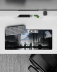 28x12 inches anime mouse pad in steel grays and stormy blues, calm post-chaos mood with wet reflections.