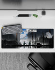 32x12 inches anime mouse pad in stormy blues and steel grays, calm after chaos with reflective puddles.