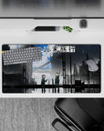32x16 inches anime mouse pad in steel gray and stormy blue, calm post-chaos mood with wet streets.