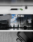 36x16 inches anime desk pad in stormy blues and steel grays, quiet post-war mood with reflective puddles.