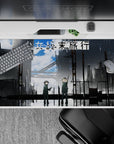 Moody steel-gray and stormy-blue anime desk pad 40x20 inches with reflective rain puddles and calm vibe.