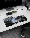 28x12 inches anime mouse pad showing two soldiers in dark coats on a rain-gloss street, one holding a paper.
