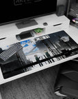 Two soldiers in dark coats on a rain-slick street anime desk pad 40x20 inches, one holding a paper route.