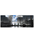 32x12 inches anime mouse pad with rainy cityscape, steel-gray skyline, and bold Japanese poster lettering.