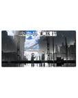 32x16 inches anime mouse pad with rainy cityscape, bold Japanese text, and two helmeted figures.