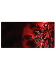 Anime girl mouse pad 32x16 inches with masked warrior, red shadows, black shattered pattern, big blade.