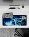28x12 inches anime desk mat in deep navy and icy aqua, bright full moon glow, dreamy night battle mood.