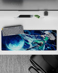32x12 inches anime girl mouse pad in deep navy and icy aqua, glowing full moon, late-night fantasy mood.