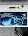 32x16 inches anime desk mat in deep navy and icy aqua, bright full moon glow, late-night fantasy mood.