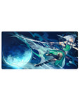 32x16 inches anime girl mouse pad with moonlit sword magic, aqua energy trails, and green dress warrior.