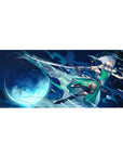Anime girl desk pad 36x16 inches with moonlit sword magic, swirling water energy, and green dress art.