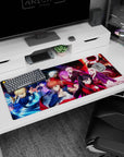 Artistic 36x16 inches desk pad featuring Saber, Shirou Emiya, Rin Tohsaka, and others from Fate/Stay Night, blending fierce expressions with a vibrant palette.