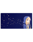 32x16 inches anime girl mouse pad with blonde girl in blue hoodie on midnight blue minimalist background.