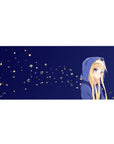 Anime girl desk pad 36x16 inches with blonde in blue hoodie on minimalist midnight-blue background.