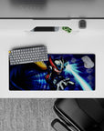 28x12 inches anime mouse pad in neon blue and cyan glow, high-contrast arcade energy and motion lines.