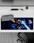32x12 inches anime mouse pad in neon blue and cyan glow, high-contrast arcade action with motion lines.