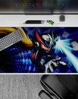 40x20 inches anime mouse pad in neon blue, cyan beam glow, high-contrast arcade action vibe.