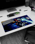 Zero in red-black armor with blond ponytail firing a cyan arm cannon on a 32x16 inches anime mouse pad.