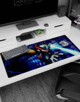 36x16 inches anime desk pad showing Zero dashing forward, blond ponytail streaming, arm cannon firing cyan beam.