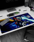 40x20 inches anime desk pad featuring Zero’s blond ponytail and arm cannon firing a cyan beam.