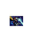 Classic anime mouse pad 14x10 inches with Zero in red-black armor on a neon blue tech grid.