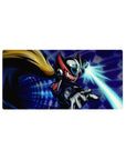 Anime mouse pad 32x16 inches featuring Zero dashing on a neon blue tech grid with cyan beam action.