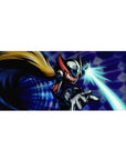 36x16 inches anime desk pad with Zero lunging on neon tech grid, red-black armor and cyan beam.