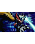 40x20 inches anime desk pad with Zero in red-black armor dashing on a neon blue tech grid.