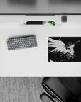 Black-and-white anime mouse pad 14x10 inches, dramatic and haunting vibe with ink-brush kanji accent.