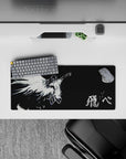 28x12 inches anime mouse pad in stark black and white, haunting calm vibe with bold ink-brush kanji.