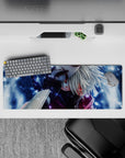 32x12 inches anime mouse pad in cool blues and misty whites with crimson-violet scarf, late-night vibe.