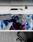 36x16 inches anime desk pad in cool blues and misty whites with crimson violet scarf, late-night vibe.