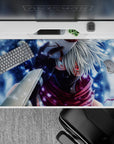 Cool blue and misty white anime desk pad 40x20 inches with crimson-violet scarf and late-night vibe.