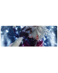 32x12 inches anime mouse pad with Kakashi mask, Sharingan eye, kunai and headband in snowy backdrop.