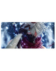 32x16 inches anime mouse pad with masked ninja, Sharingan eye, kunai, and swirling snow backdrop.