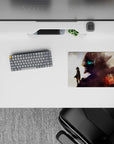 Moody anime mouse pad 14x10 inches in dusty whites, smoky violets, and ember red with splatter texture.