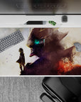 40x20 inches anime desk pad in dusty whites to smoky violets, bursting ember red, cinematic negative space.