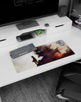 28x12 inches anime mouse pad featuring lone child in fluttering cloak staring up at a towering mecha.