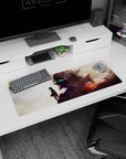 32x12 inches anime mouse pad showing cloaked child silhouette before giant robot face, splatter texture.