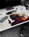 Anime desk pad 40x20 inches showing tiny cloaked silhouette confronting giant robot face with teal eye glow.