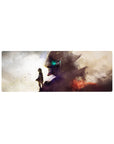 32x12 inches anime mouse pad with lone kid in cloak facing a towering mecha head, teal eye glow.