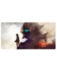 32x16 inches anime mouse pad featuring a cloaked kid facing a towering mecha head with glowing teal eye.