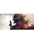 36x16 inches anime desk pad with cloaked kid facing a towering mecha head, teal eye glow, splatter art.