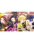 40x20 inch desk pad featuring Tanjiro, Nezuko, Zenitsu, and Inosuke in intense combat with elemental powers