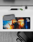 28x12 inches anime mouse pad in cool blue night and molten gold light, ember sparks, cinematic mood.